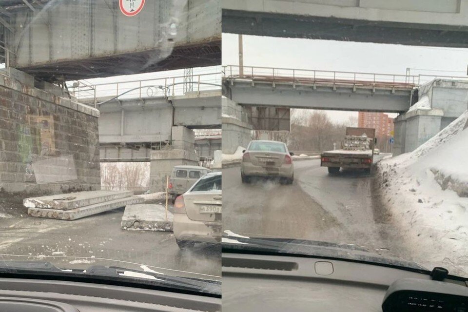     Бетонные плиты слетели прямо на дорогу. Фото: «Моя Первомайка»