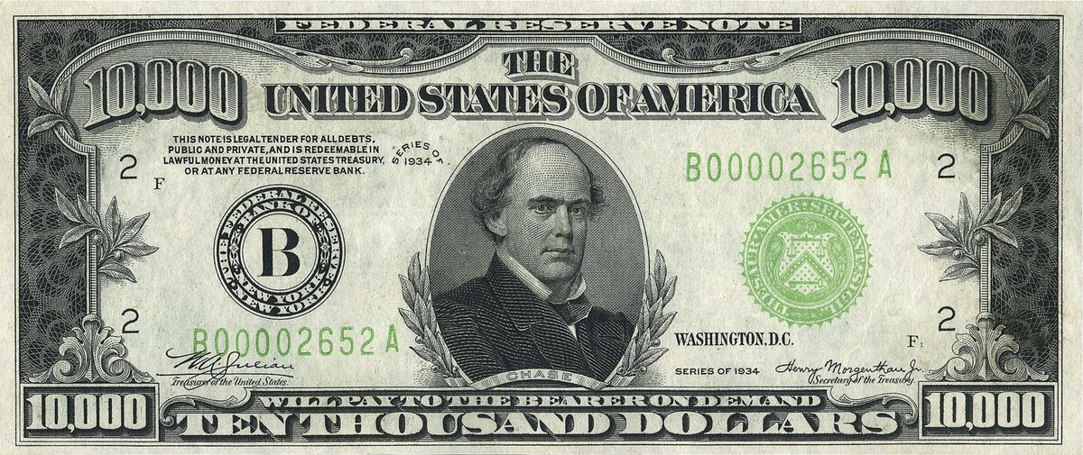 10 000 долларов 1934 года с портретом Салмона Чейза. Источник фото: Википедия.