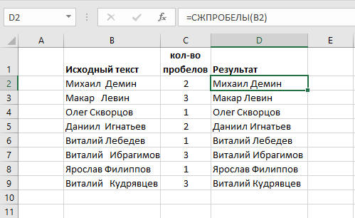 Функция СЖПРОБЕЛЫ