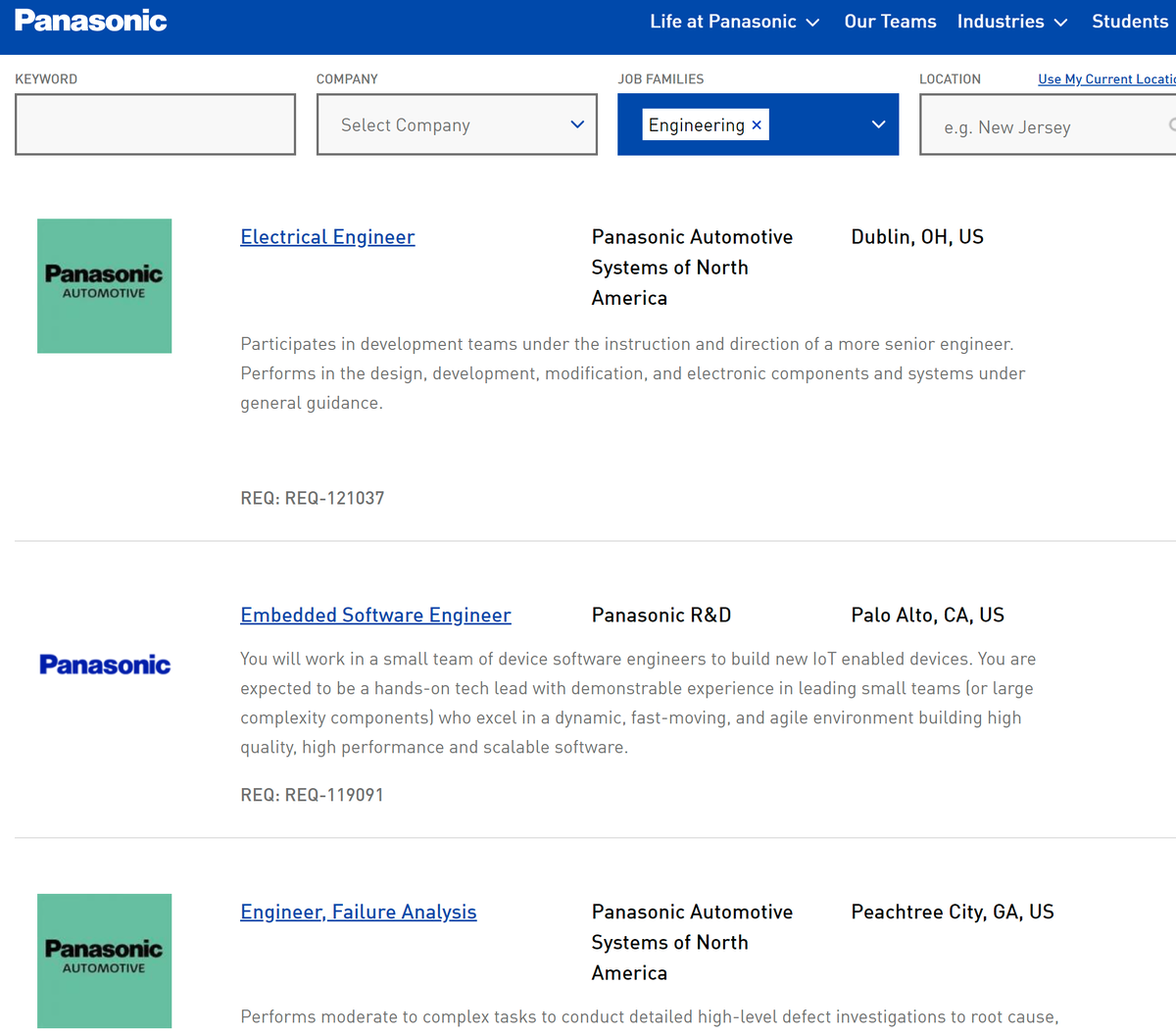 Свежие вакансии от Panasonic