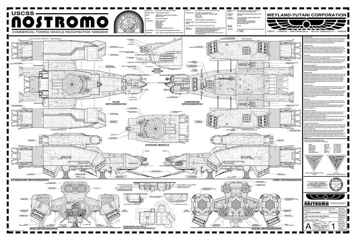 Фрагмент принципиальной блок схемы корабля "Ностромо" , чертёж внешнего вида и отдельных модулей с описанием функциональных узлов и их названий. Краткий послужной список крейсера.