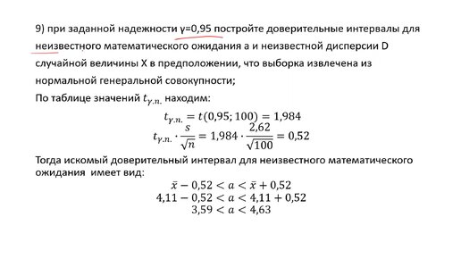 Построение доверительных интервалов для неизвестного математического ожидания и неизвестной дисперсии при заданной надежности (РЗ 9.9)
