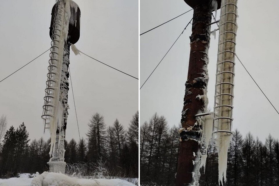     В поселке Сарка под Тихвином замерзла водонапорная башня. Фото: vk.com/tih_win