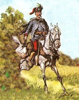 Рядовой венгр из полка Королевских гусар. 1692-1697 гг.  К седлу приторочен традиционный топорик для отрубания голов, правой рукой гусар держит за волосы «трофей», свидетельствующий о его боевой доблести…