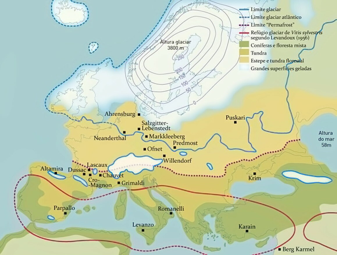Карта Европы в последний ледниковый период (70-11 000 лет назад). Синими линиями обозначены максимальные границы ледника. Лесные зоны существовали только на юге континента (отмечены зеленым). Желтый цвет - тундра и степь. Уровень моря был на 120 метров ниже, чем в современную эпоху, и до Британских островов можно было добраться по суше. Черные точки - основные раскопанные стоянки неандертальцев и кроманьонцев.