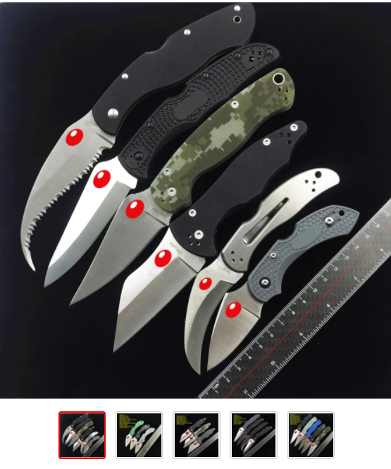 Фото ножей Spyderco у продавца на Алиэкспресс. Дырка в ноже зарисована, так как официально продавать копии оригинальных моделей товаров запрещено. Вот и выкручиваются продавцы кто как может.
