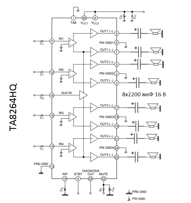 HA13158A, 4х канальный усилитель мощности звука 34Вт, [SQL-23]