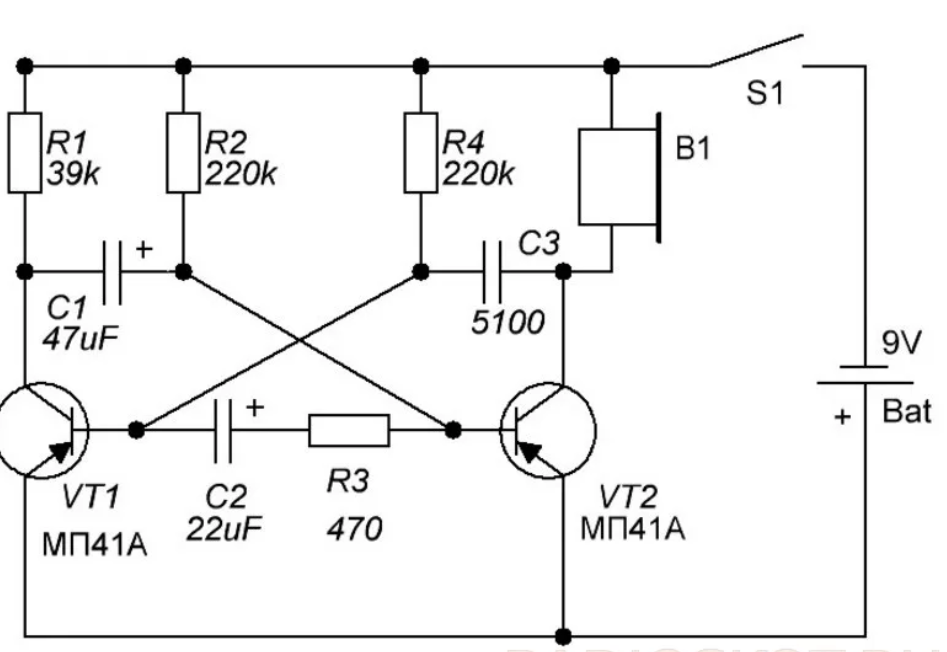 Простые схемы для радиолюбителей. Принципиальная схема электронной канарейки. Мультивибратор схема на транзисторах мп40. Мультивибратор на транзисторах МП 40. Эл. Схема мультивибратора на транзисторах звуковой частоты звука.