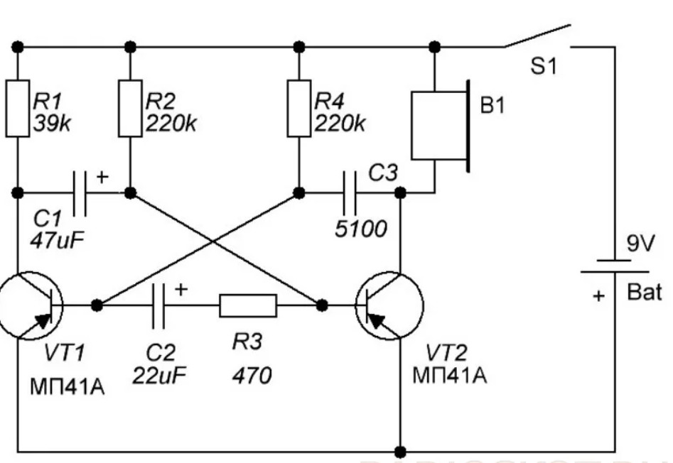 Полезные схемы. Мультивибратор схема на транзисторах мп41. Принципиальная схема электронной канарейки. Звуковой мультивибратор на транзисторах. Электронная канарейка схема.
