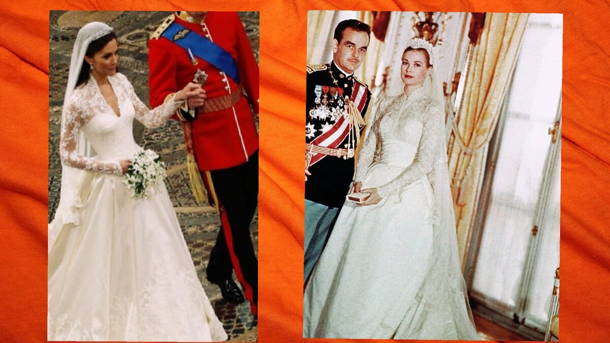 Свадебные наряды княгини Монако Грейс Келли (справа) и герцогини Кембриджской Кейт Миддлтон (слева)