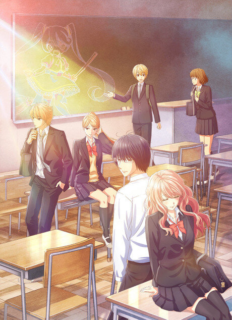 Персонажи сёдзе. На переднем плане: Хикару Цуцуй, Ироха Игараши. На заднем фоне: Мицуя Таканаши, Ариса Ишино, Юто Ито, Аядо Сумия. (На доске нарисована вайфу Цуцуя из аниме Эзомичи).