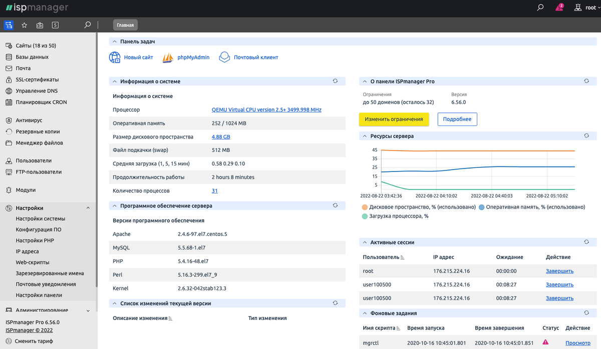 Главный экран ISPmanager показывают состояние сервера