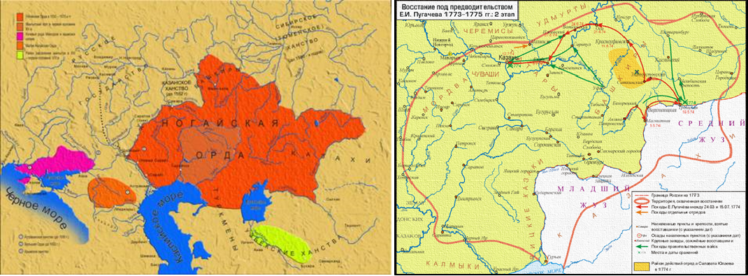 Слева изображена примерная территория Ногайской орды ещё в конце 16-го века. При этом не афишируется, что подобное расселение ногайских тартар сохранилось и ко времени Пугачёва. Справа представлена карта второго этапа "крестьянской войны". Красным обведена территория "восстания". Она почти повторяет земли Ногайской орды. Пугачёв и не пытался идти в Россию на освобождение крестьян. Он пытался закрепиться на землях Ногайской орды, чтобы под условием их независимости отделиться вместе с яицкими казаками от остальной России. Вот потому он не мог и выдавать себя за Петра III, как Карла Петра.