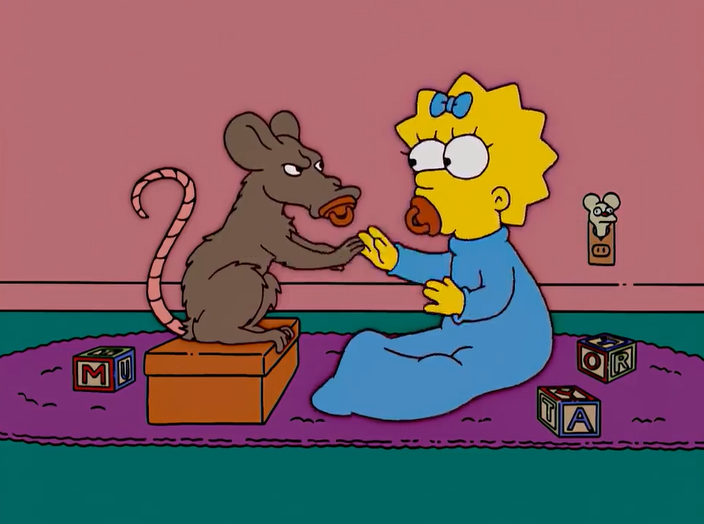 Мэгги играет с крысой, рядом лежат кубики, видно слово RAT (крыса) //Симпсоны (The Simpsons), s15e02 © 20th Century Fox Film Corporation  