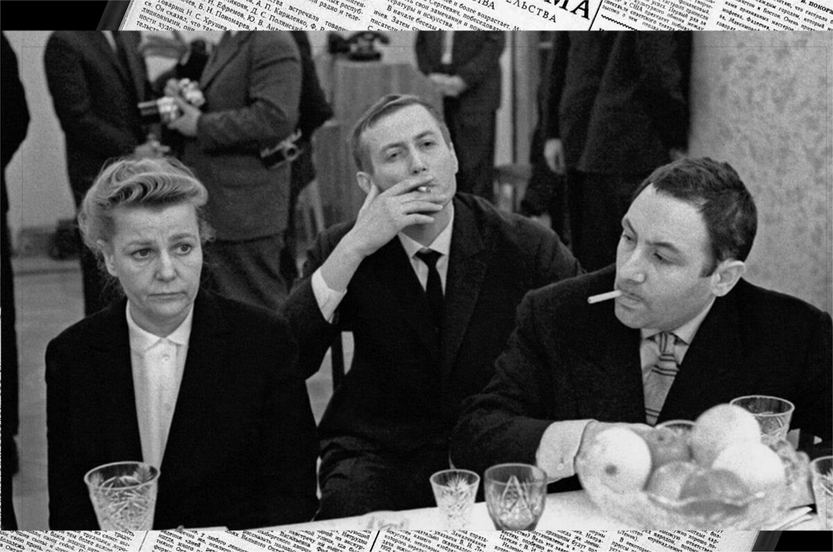 Министр культуры Е.Фурцева, поэт Е.Евтушенко, скульптор Э.Неизвестный на хрущёвском разносе творческой интеллигенции в "Доме приемов ЦК КПСС", 17.12.1962