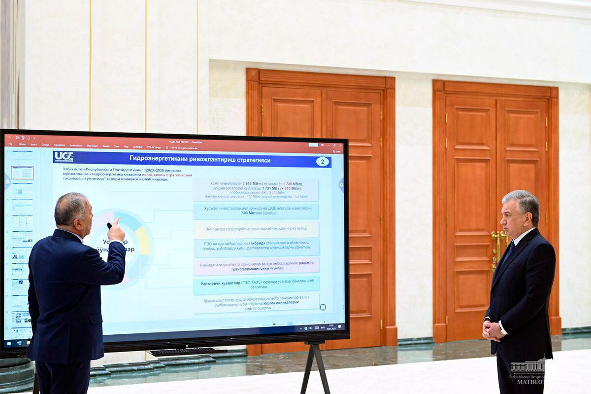 Презентация президенту стратегии развития гидроэнергетики Узбекистана. Фото с сайта president.uz