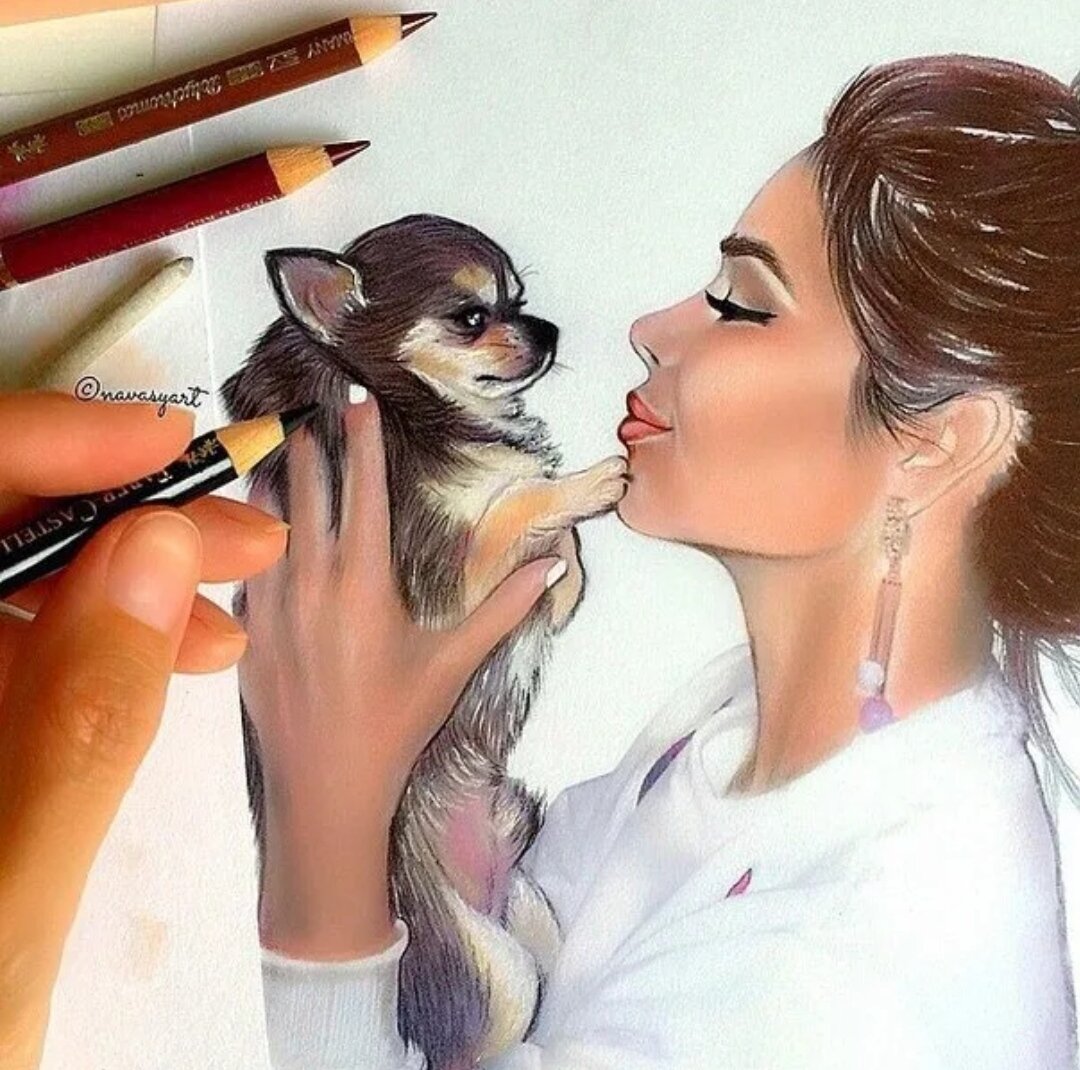 Рисованная девушка с собачкой