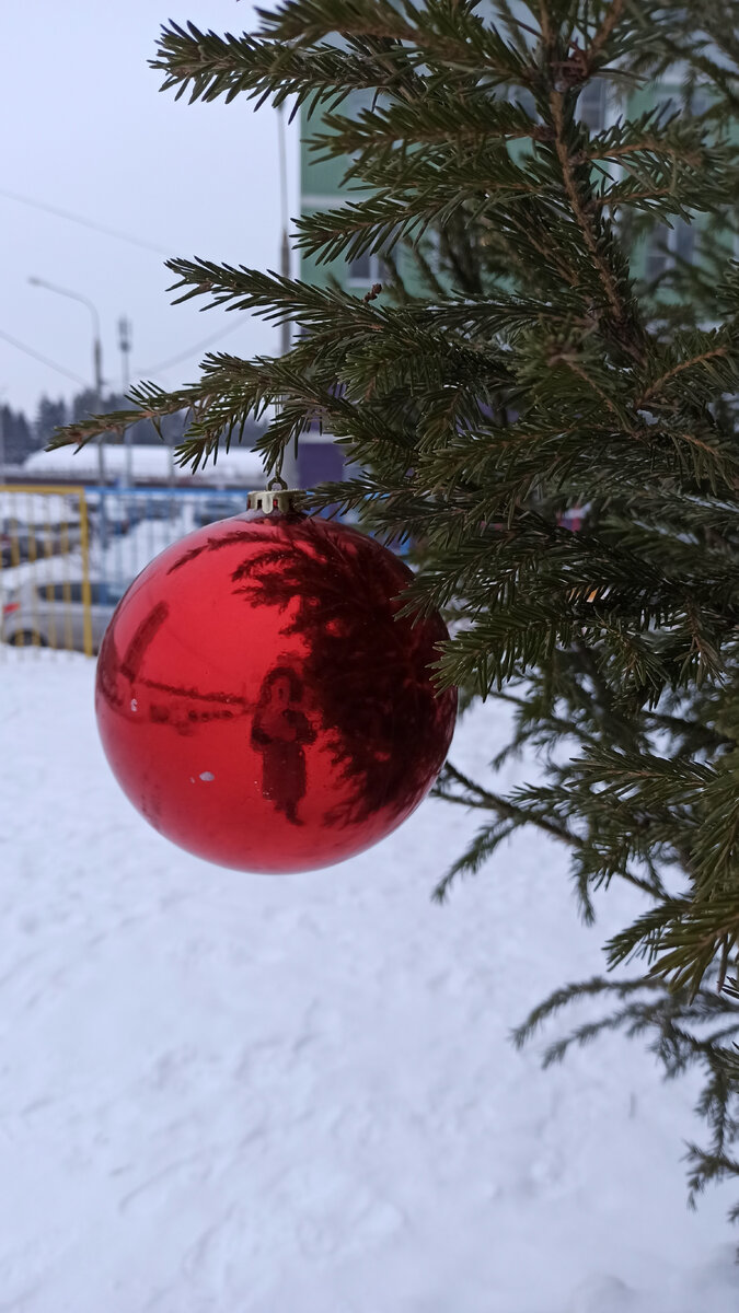 Красное и белое. Красный шар и белый снег. И я в шарике.