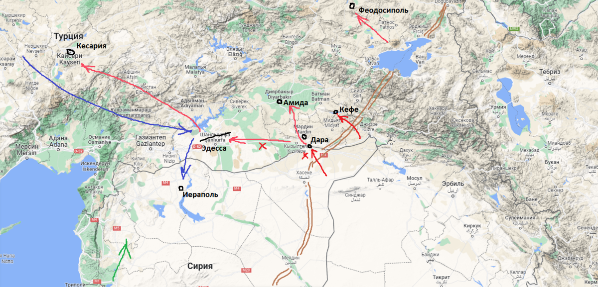 Примерная карта военных действий первой части войны. Красные - персы, Синие - греки.