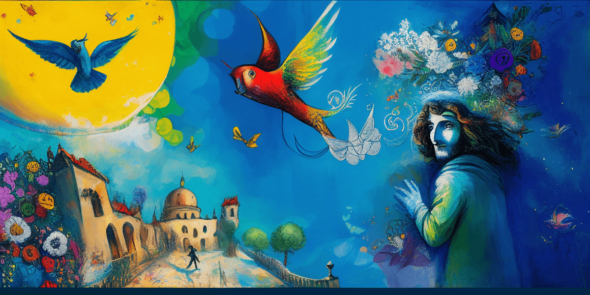  , Mark Chagall: A dreamy scene with floating figures, animals, and objects against a colorful background