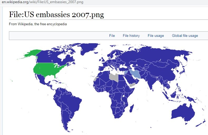 Карта мира, серым цветом обозначены страны, где нет посольства США