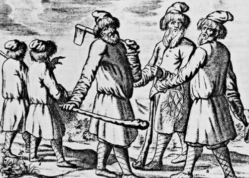 Русские в кафтанах и колпаках. Гравюра из книги Адама Олеария. 1656 год.