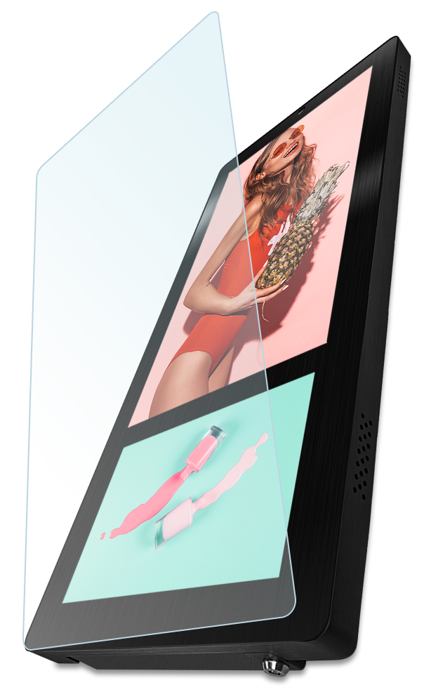 Дисплей Ei-Slim Dual оснащен антивандальным закаленным стеклом. Не переживайте о том, что кто-то поцарапает или разобьет устройство: закаленное стекло с противоударным эффектом покрывает всю поверхность экрана и надежно защищает его.