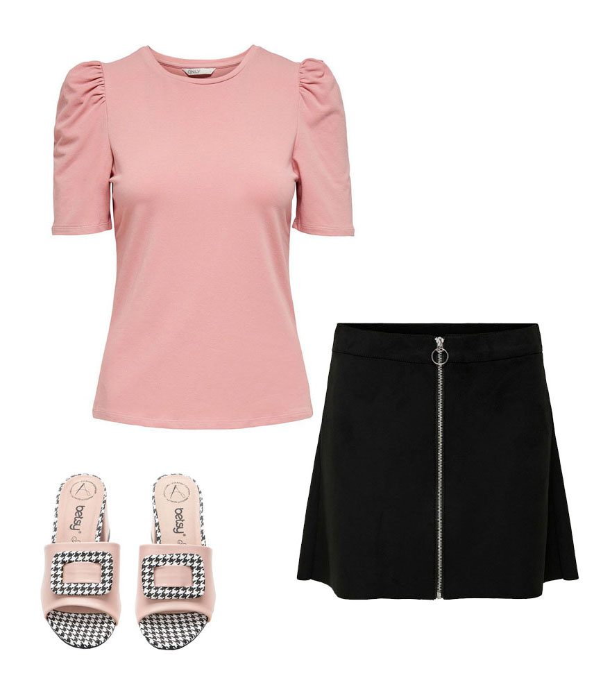 Недорогой офисный образ:  Блузка ONLY  (454 руб.) Юбка ONLY (748 руб.) Сабо Betsy  (1 105 руб.) 