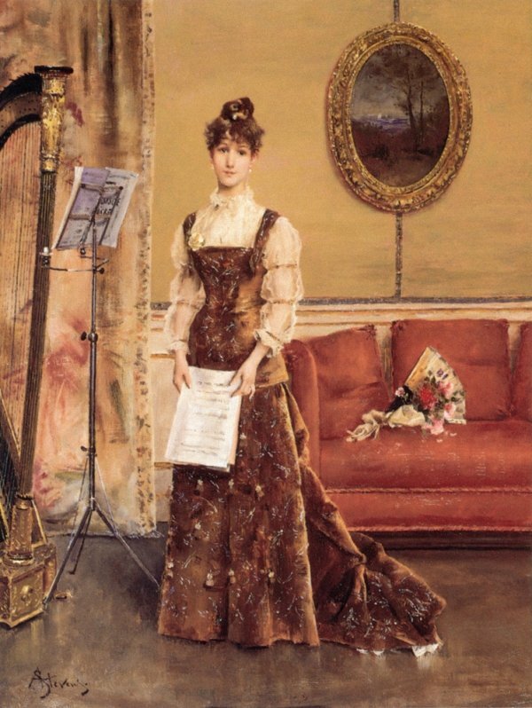 Alfred Émile Léopold Stevens (Belgian, 1823-1906) Lady with a Harp.