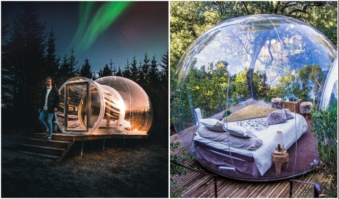 Если вы мечтаете бесконечно любоваться звездами или Северным сиянием, не вставая с постели, то нужно отправляться в Исландию, там открылся фантастический отель «Bubble Hotel» с полностью прозрачными номерами больше похожими на мыльные пузыри. Абсолютная прозрачность спального места не принесет дискомфорта, ведь приватность в нем соблюдена за счет полной изоляции от остальных номеров, разбросанных по лесной чаще вдоль Южного побережья, омываемого водами Атлантики или в районе «Золотого круга», расположенного дальше на север.