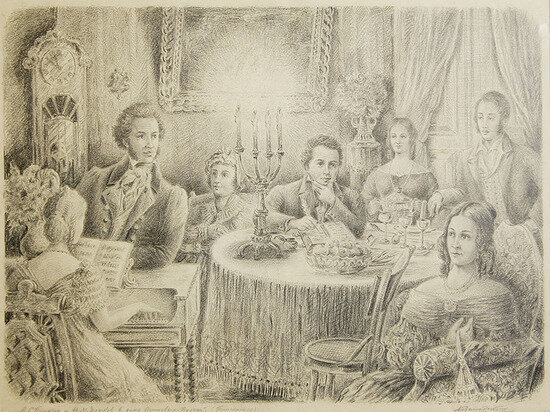     А. Заславский. Пушкин и Языков в доме Осиповых и Вульфов (1949). Из фондов Пушкинского Заповедника