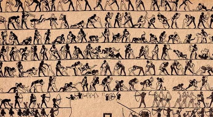 Изображение из некрополя Бени-Хасан. В самой нижней части видно как штурмующие, под прикрытием, тыкают чем-то похожим на ручной таран (или копьё конечно) в стену.