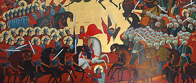 Битва на Косовом поле. Сербские солдаты слева написаны, как святые.