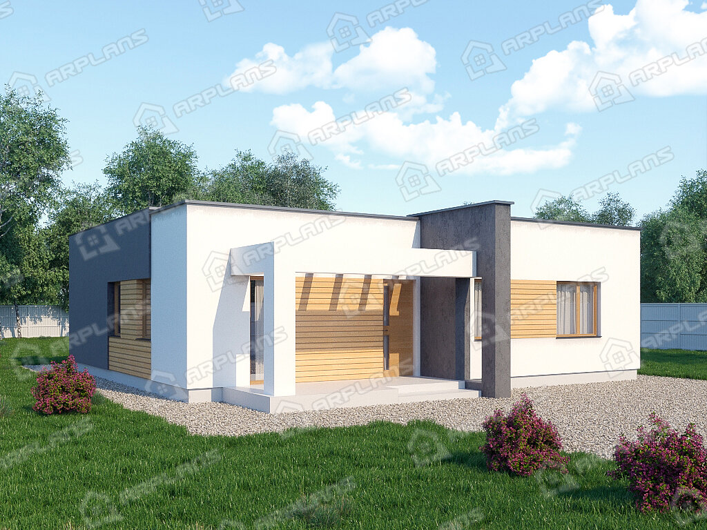 Фото 1 одноэтажного дома из газобетона с 2 спальнями и террасой. 80 кв м. Источник arplans.ru Проект К-164