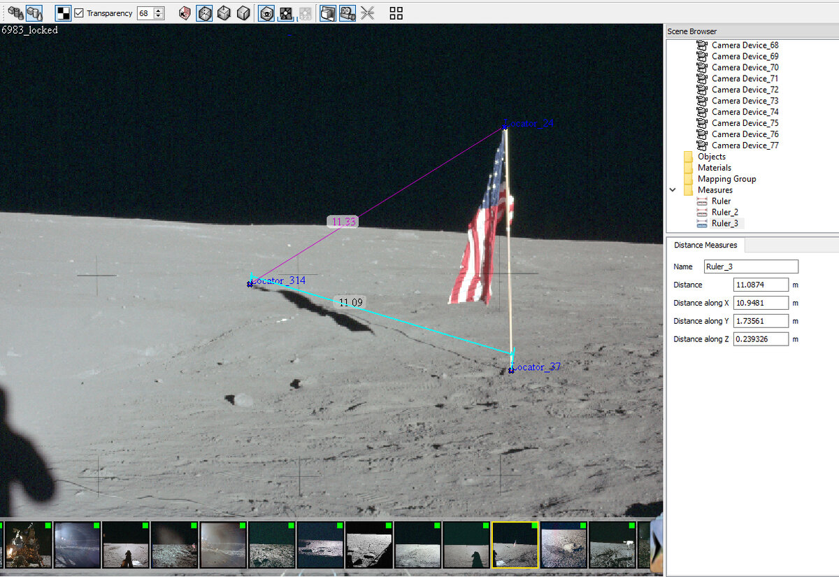 Угол тени флага больше, чем высота Солнца над горизонтом. Фрагмент снимка AS12-47-6983. Здесь и далее фотографии из Apollo Image Atlas.