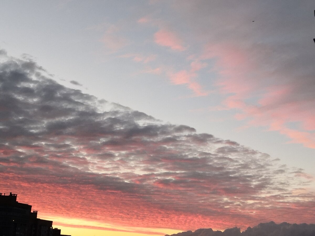 Летний закат, вид из окна многоэтажного дома 