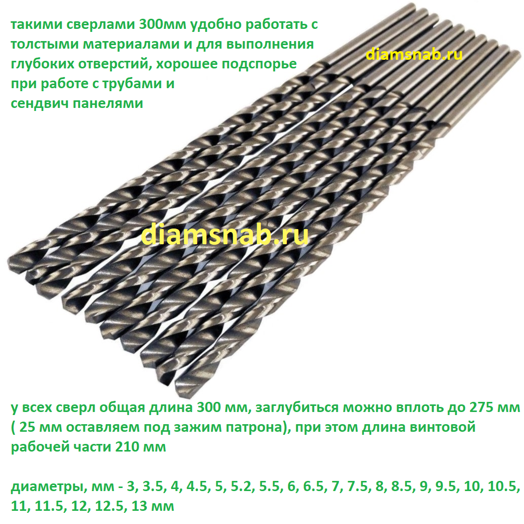 Сверла по металлу сверхдлинные 300 мм DIN 1869 
Качественные супердлинные сверла по металлу 300 мм изготавливаются размерами 300х3, 300х3.5, 300х4, 300х4.2, 300х4.5, 300х5, 300х5.2, 300х5.5, 300х6, 300х6.5, 300х7, 300х7.5, 300х8, 300х8.5, 300х9, 300х9.5, 300х10, 300х10.5, 300х11, 300х11.5, 300х12, 300х12.5, 300х13, 300х14мм. Такие сверла по металлу особо длинной серии 300мм соответствуют DIN 1869, изготавливаются из цельной заготовки из быстрорежущих сталей HSS и Р6М5 путем горячей вальцовки или фрезеровки и шлифовки на холодную для снижения трения и повышения износостойкости режущих кромок спирали, на выходе получаем изделия либо класса точности В нормальный, либо класса А повышенный. С помощью сверхдлинных сверл по металлу 300мм можно сверлить не только различные стали, включая высоколегированные и нержавеющие, но и различные сплавы с медью, титаном, оловом, металлокерамикой, пластиками и поликарбонатами, возможно применение по древесине и другим органическим материалам. Не лишним будет упомянуть, что удлиненные сверла по металлу 300 мм имеют угол заточки 135°, работают в правом направлении. Сверла по металлу сверхдлинной серии 300мм используются для оснастки электрических или ручных дрелей, а также сверлильных станков. Отличительной чертой таких удлиненных сверл по металлу 300 мм считается увеличенная рабочая и общая длина 300мм, благодаря которой они выступают надежным подспорьем при работах в труднодоступных местах, с толстыми материалами и для выполнения глубоких отверстий. Очень часто в процессе работы необходимо заточить затупившееся сверло, на помощь придут алмазные заточные круги, которые легко устанавливаются на любое точило и не жгут сверла в процессе подточки. Опубликовано с сайта diamsnab.ru