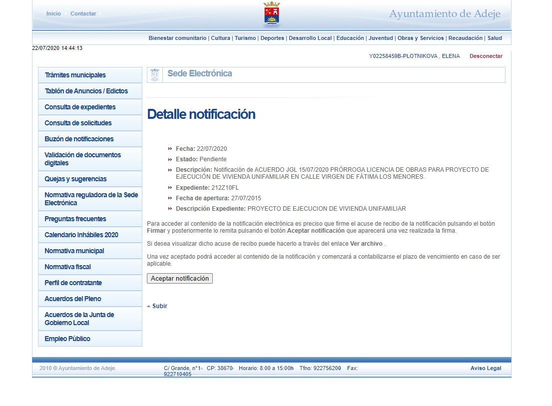 До того, как я нажала на aceptar notificacion и подписалась посредством Autofirma статус был  в обработке, pendiente.