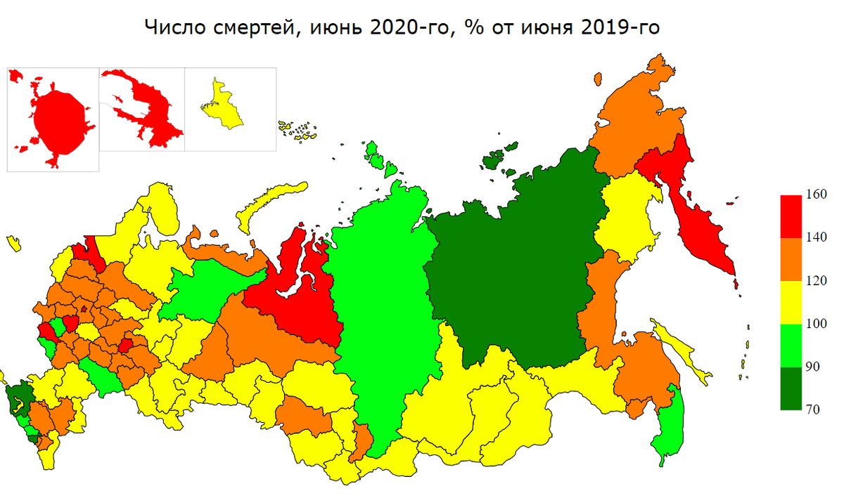 Число смертей, июнь 2020 в процентах от июня 2019 (источник данных - Росстат)