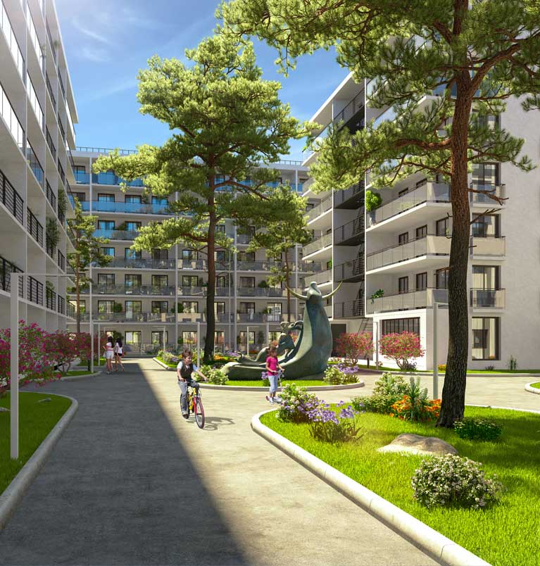 На территории комплекса сохранен сосновый бор.