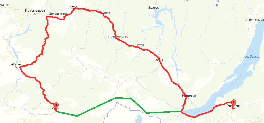 Красной линией обозначен существующий маршрут Кызыл - Улан-Удэ, зеленой линией - проектируемая дорога. Можете наглядно представить насколько путь становится короче.