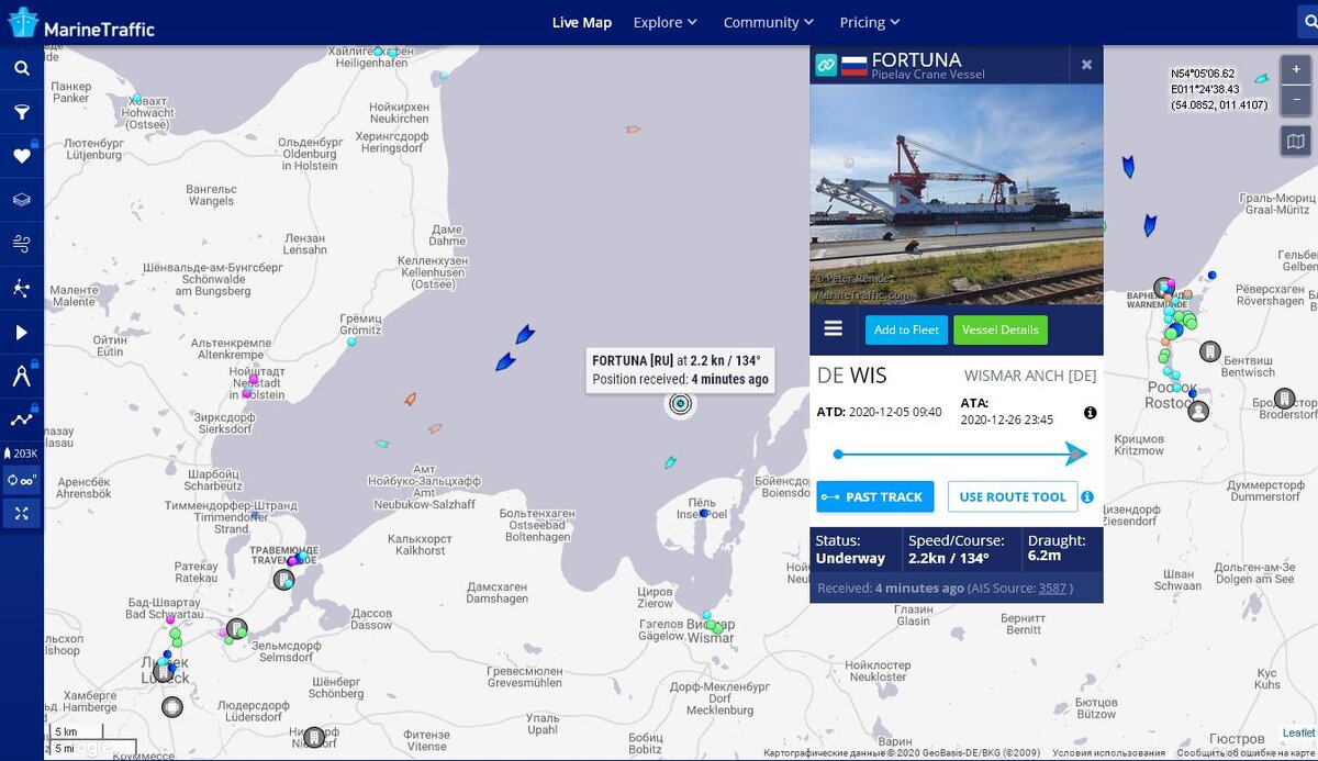 Текущее местоположение баржи "Фортуна" на карте портала MarineTraffic