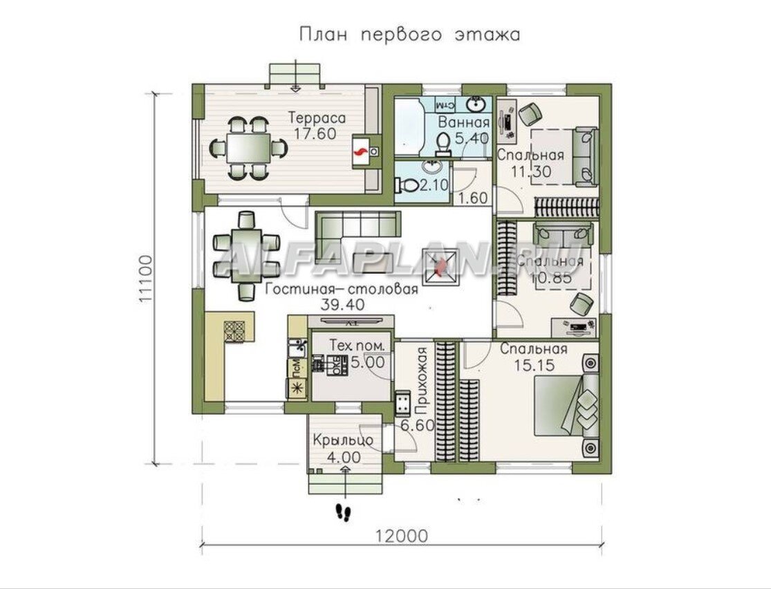 Проект нового одноэтажного дома 1017А «Дзета», 104м2, 3 спальни |  Популярные проекты домов Альфаплан | Дзен