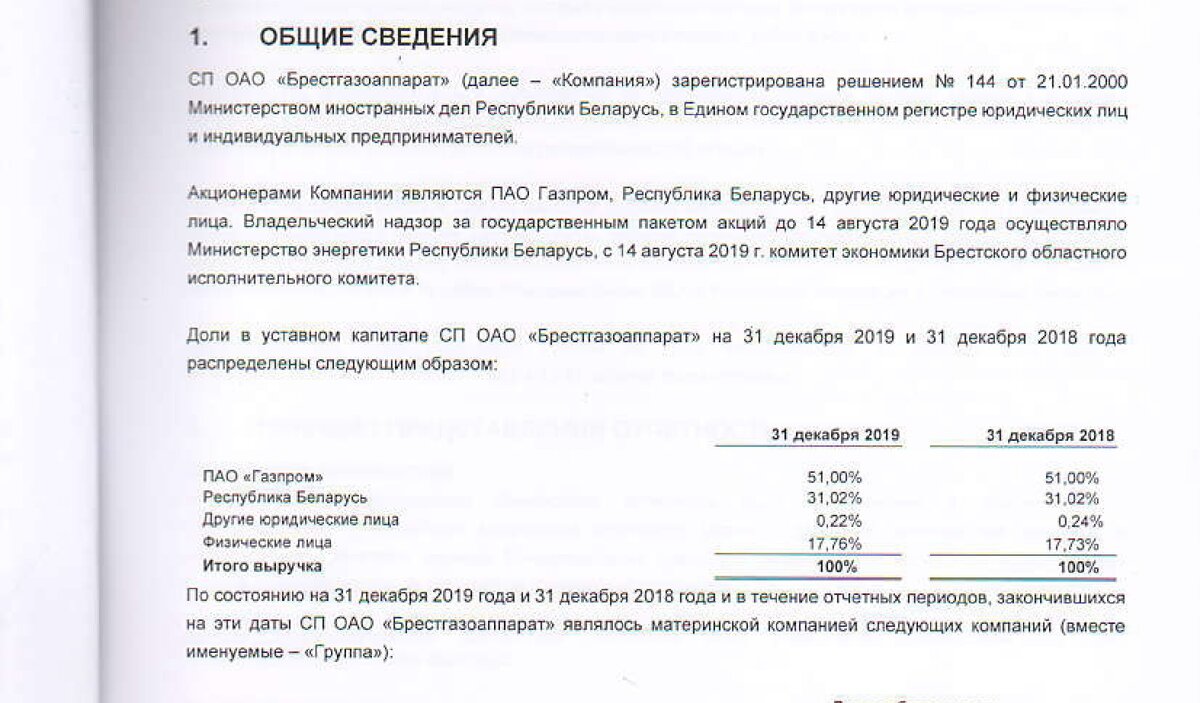 Выписка из финансовой отчётности ОАО "Брестгазоаппарат"