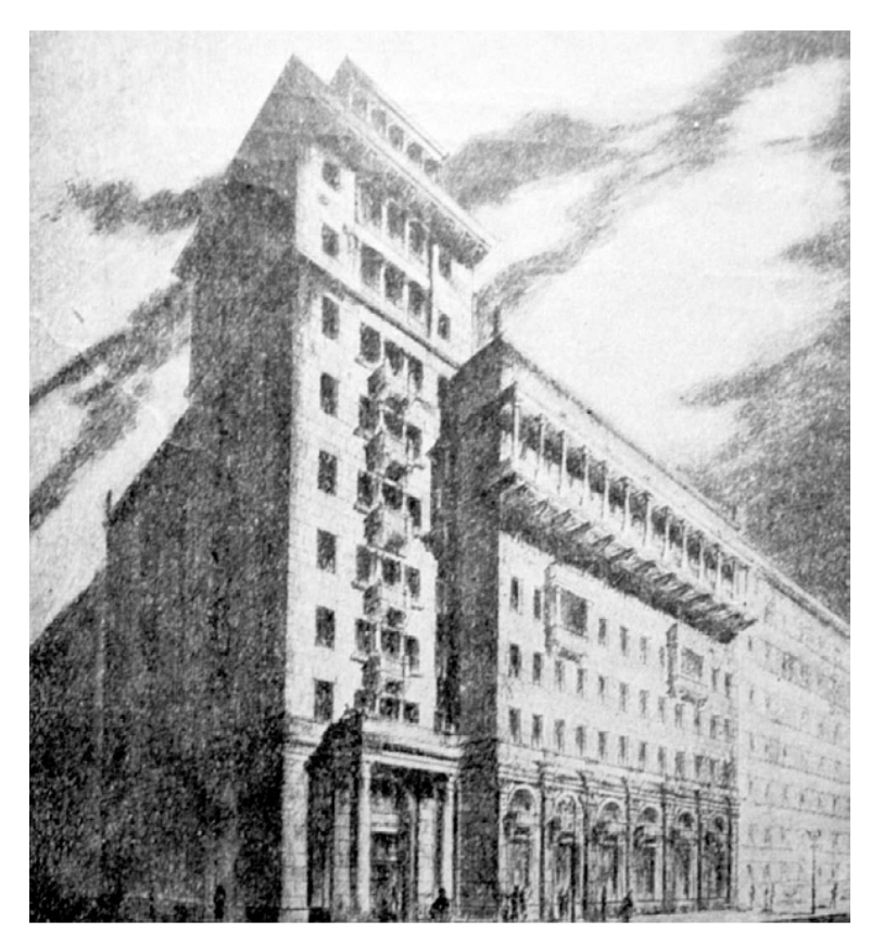 Проект дома №78 А.В. Кулагина, 1936 год (не осуществлённый). Картинка из книги А. Рогачёв "Проспекты советской Москвы. История реконструкции главных улицы города. 1935-1990".