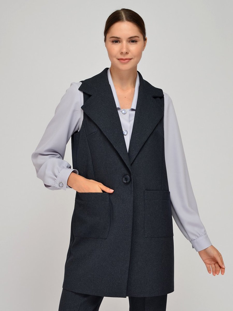 Жакет темно-синий удлиненный без рукавов с накладными карманами 1001DRESS арт. VI00314DB на OPEN-PRO — листайте галерею