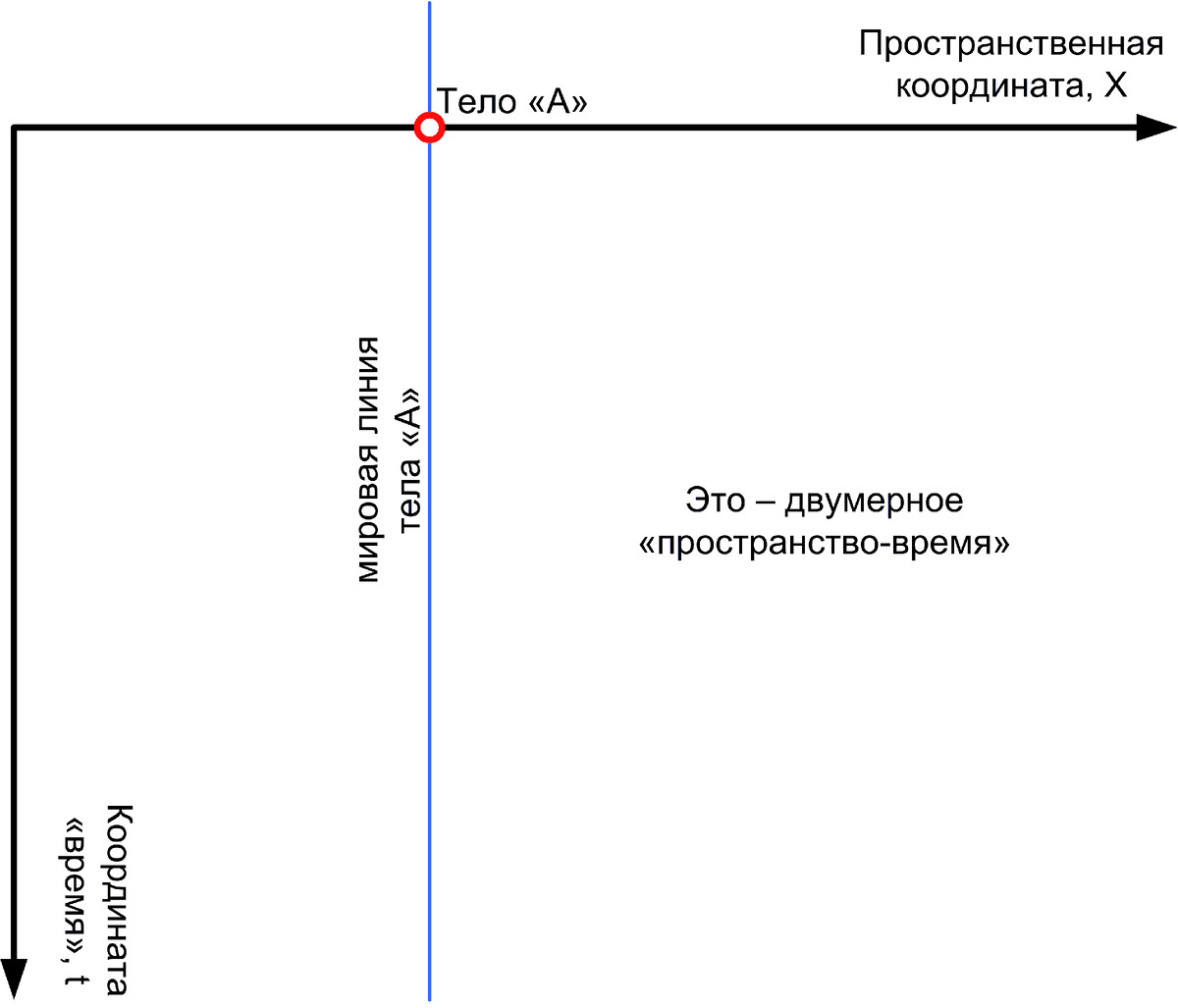 Рис.1 Двумерное пространство-время «х,t» с неподвижным физическим объектом А в точке с координатой х1.