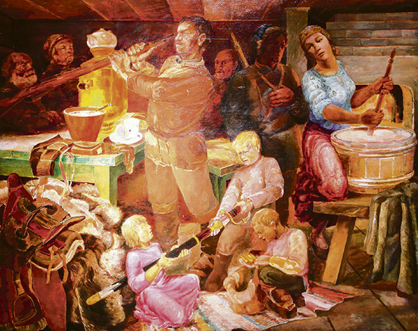 Картина «Партизаны» принадлежит кисти уроженца Иркутска, выпускника Киевского художественного училища Николая Андреева. Несмотря на типичный для соцреализма сюжет, работу отличают яркость и контрастность цветов, характерные для импрессионистов