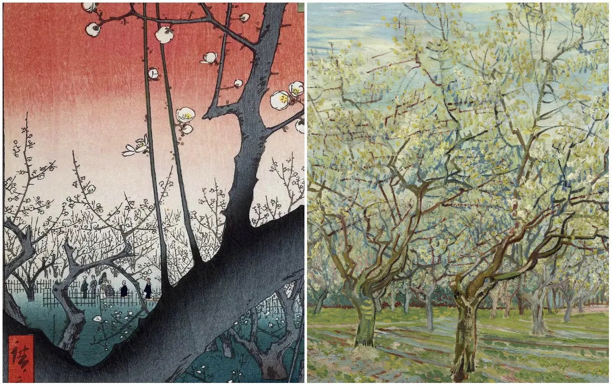 Утагава Хиросигэ, «Цветущий сливовый сад в Камейдо (фрагмент)», 1857 и Винсент Ван Гог, «Белый сад (фрагмент)», 1888.