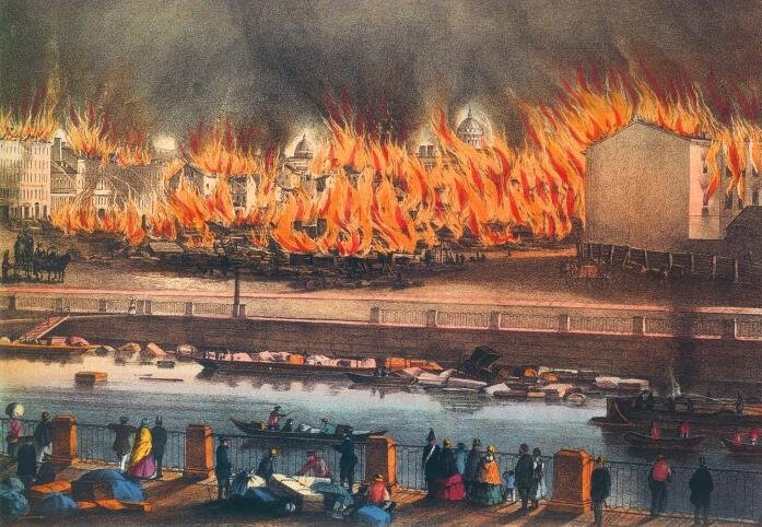 Пожар Апраксина двора 28 мая 1862. Вид с Фонтанки. Литография. Общественное достояние.